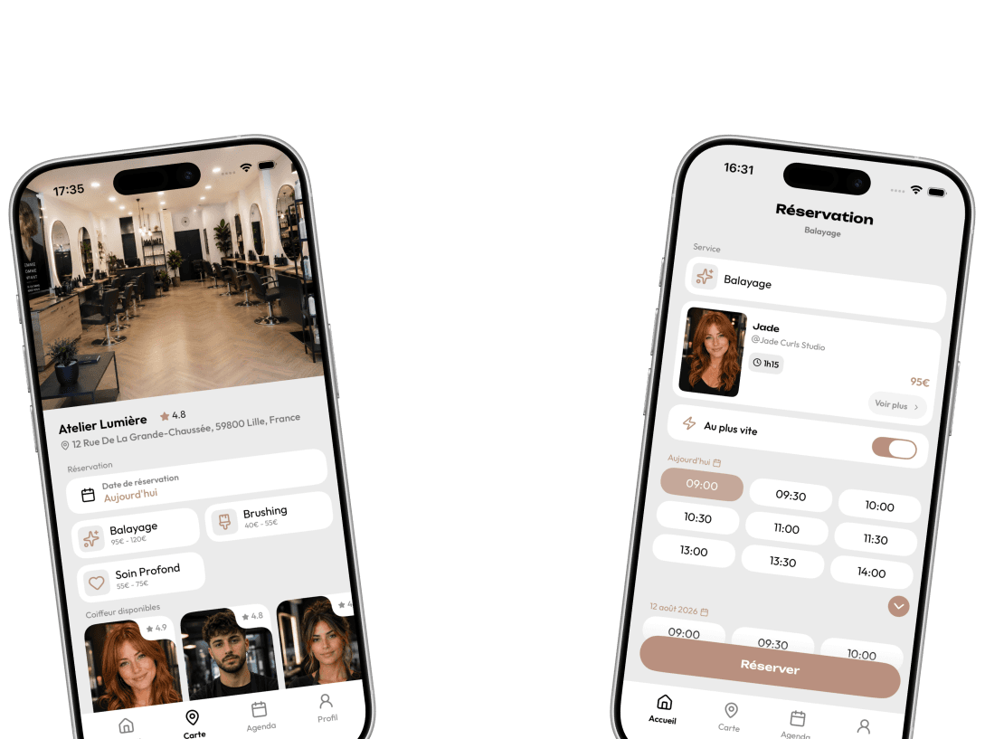 Aperçus des parcours salon et réservation Hair Lib sur iPhone