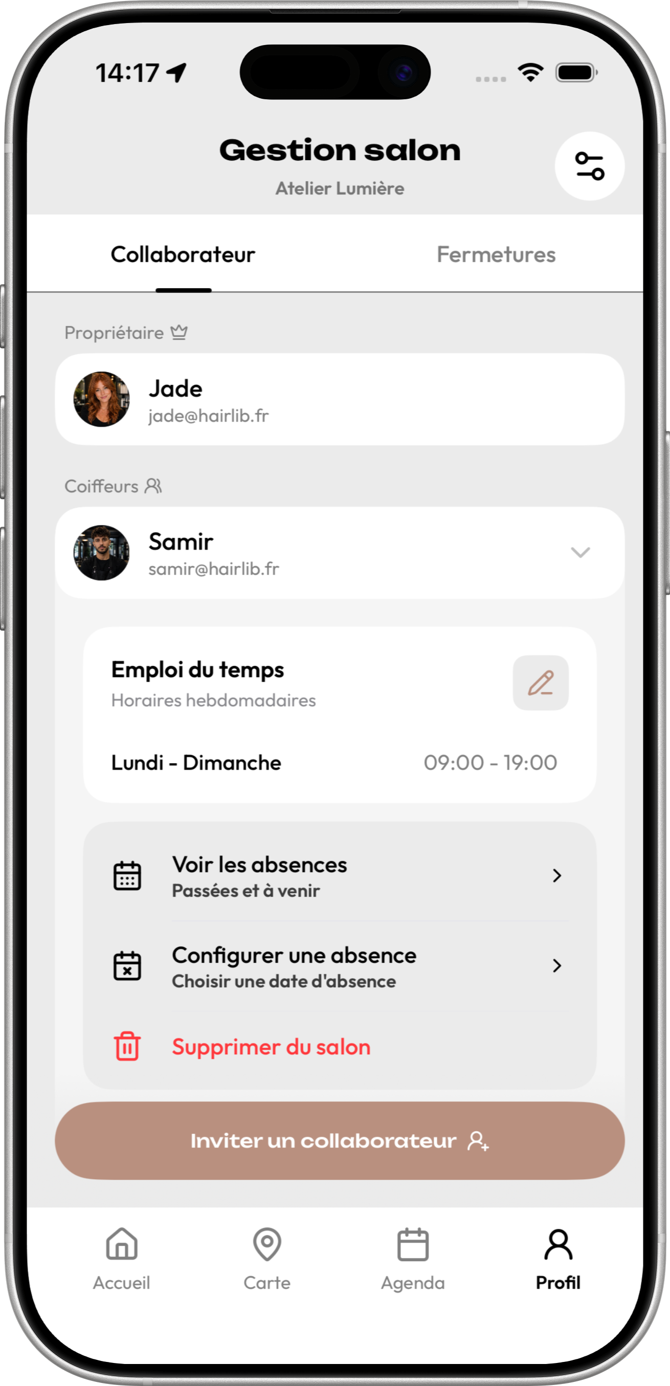 Planning d’équipe professionnel dans Hair Lib